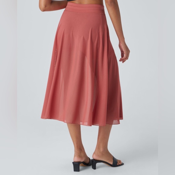 High Waisted Drawstring Contrast Mesh 2-in-1 Side Pocket Flowy Midi Flare Skirt - Picture 3 of 7